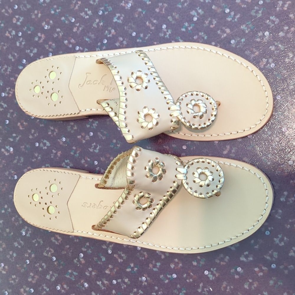 Jack Rogers sandals, tan w/ gold trim, size 8